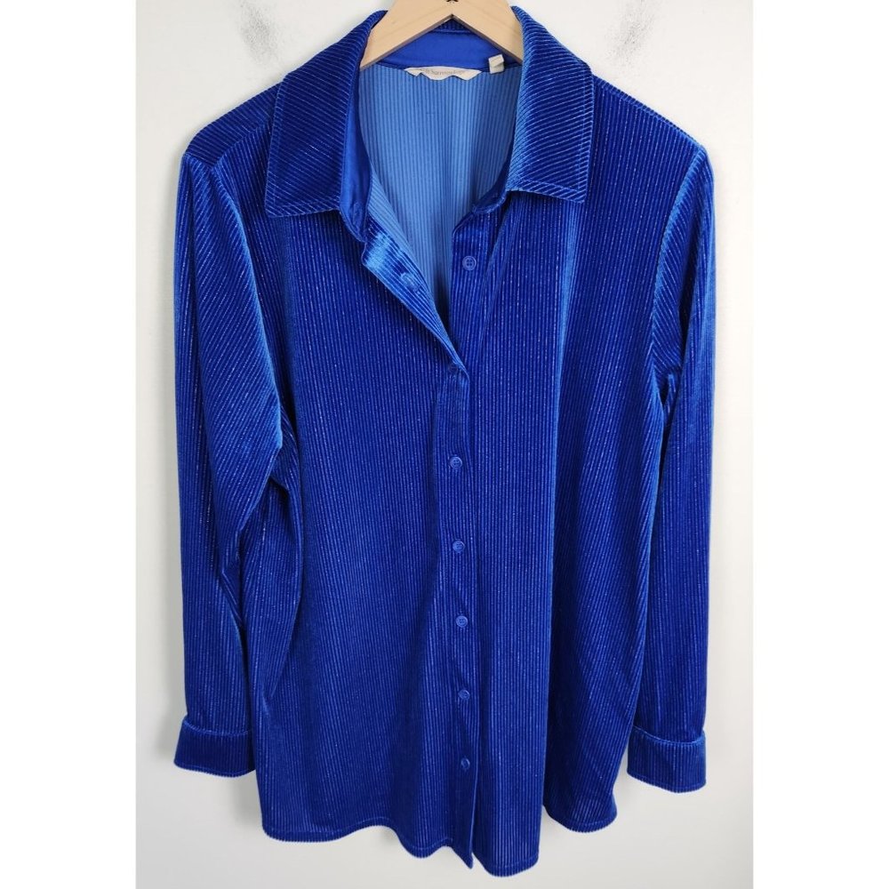 Soft Surroundings Sz. L Blue Micro Ribbed Velvet Long Sleeve Button Up Shirt